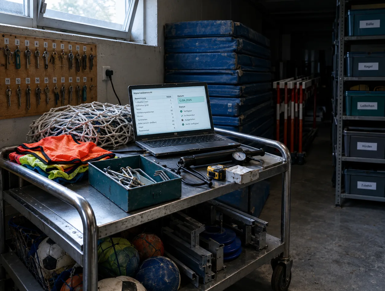 Gerätekammer neben der Sporthalle im kalten Licht eines Kippfensters: auf einem Gerätewagen aus Stahlrohr ein aufgeklapptes Notebook mit einer Materialübersicht aus Bezeichnungen, Stückzahlen, Datum und Status, daneben ein zusammengelegtes Netz, bunte Leibchen, ein Kasten mit Sechskantschlüsseln, eine Luftpumpe mit Manometer, ein Maßband und Kreide, unten Bälle, links eine Schlüsseltafel mit nummerierten Haken, rechts gestapelte Turnmatten, Hürden und ein Regal mit beschrifteten Kisten