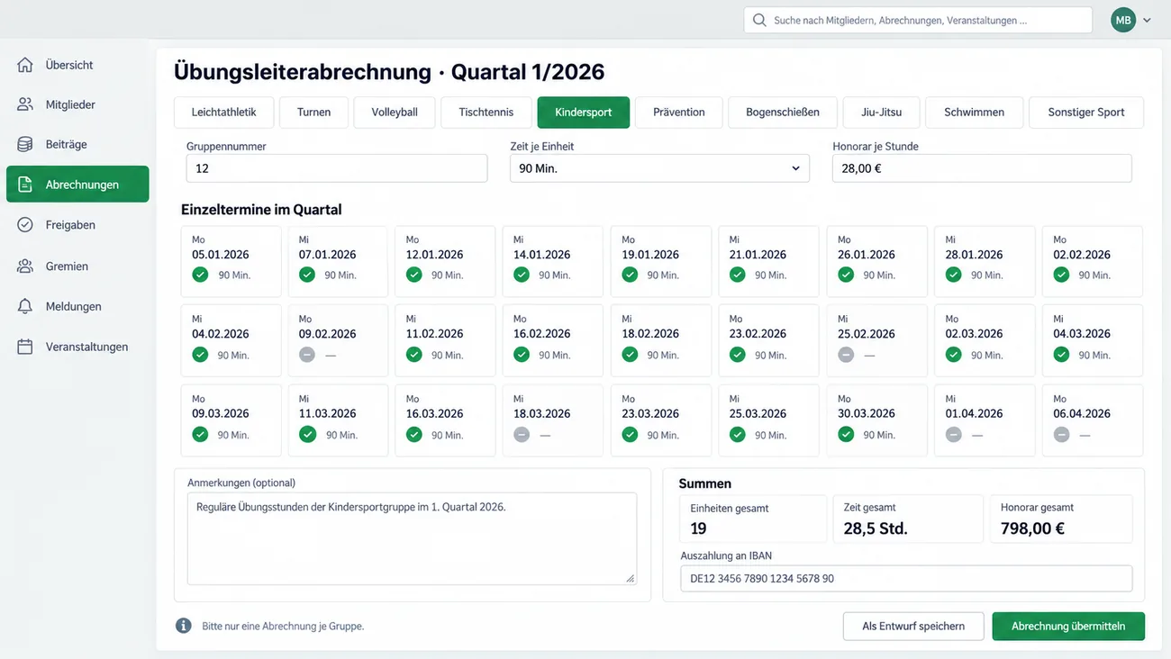 Maske: Übungsleiterabrechnung für das Quartal 1/2026 mit zehn Abteilungsschaltflächen von Leichtathletik bis Sonstiger Sport, Kindersport ausgewählt, den Feldern Gruppennummer 12, Zeit je Einheit 90 Min. und Honorar je Stunde, einem Raster der Einzeltermine mit Wochentag, Datum und Haken für jede gehaltene Einheit, einem Anmerkungsfeld, den Summen für Einheiten, Zeit und Honorar, dem Feld Auszahlung an IBAN und dem Hinweis Bitte nur eine Abrechnung je Gruppe