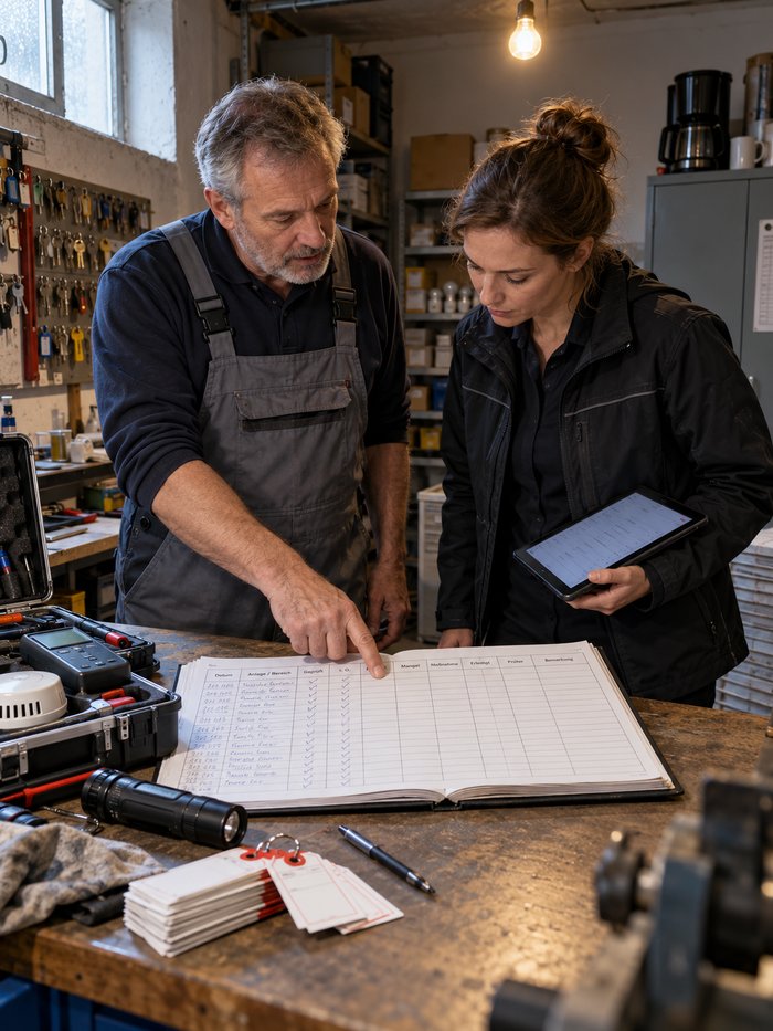 Hausmeisterraum eines größeren Objekts mit Schlüsselbrett, Regalen und Kaffeemaschine: An der Werkbank zeigt ein grauhaariger Hausmeister in Latzhose auf eine leere Spalte eines aufgeschlagenen, quer gebundenen Prüfbuchs, in dem die Spalten Geprüft und i. O. durchgehend abgehakt sind, neben ihm sieht eine Technikerin in dunkler Arbeitsjacke mit einem Tablet in der Hand auf dieselbe Stelle, auf der Bank ein geöffneter Prüfmittelkoffer mit Messgerät und Rauchmelder, eine Taschenlampe, ein Kugelschreiber und ein Bündel Wartungsanhänger