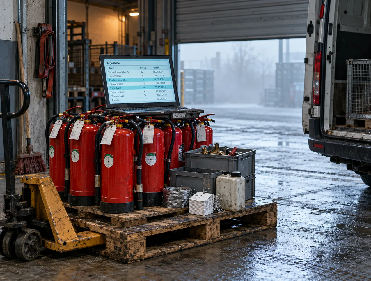 Beladeplatz vor einem halb geöffneten Rolltor an einem nebligen Morgen: Auf einem Handhubwagen steht eine Palette mit geprüften Feuerlöschern, jeder mit Plakette und Anhänger, obenauf ein aufgeklapptes Notebook mit der Tagesliste nach Objekt, Stückzahl und Termin, zwei Zeilen hervorgehoben, daneben Stapelkisten mit Armaturen, eine Rolle Plombierdraht, ein Kanister und ein Bündel Wartungsanhänger, links ein Besen und ein Spanngurt, rechts die offene Hecktür eines Transporters mit einer Gitterbox