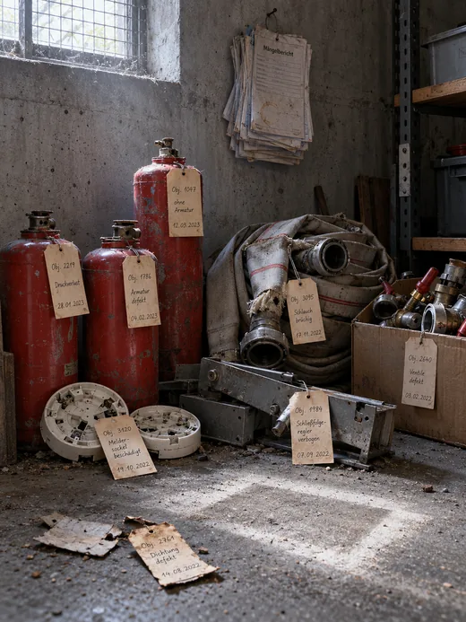 Aussonderungsecke im Lager eines Brandschutzbetriebs unter einem vergitterten Kellerfenster: An der Betonwand stehen ausgemusterte Löschmittelbehälter, ein Bündel Schläuche mit brüchiger Einbindung, zwei Meldersockel, ein verbogener Schließfolgeregler und ein Karton mit Ventilen, an jedem Stück ein Kartonanhänger mit Objektnummer, Mangelvermerk und einem Datum aus den Jahren 2022 und 2023, zwei Anhänger liegen abgerissen am Boden, darüber hängt ein staubiges Bündel Mängelberichte an einem Nagel
