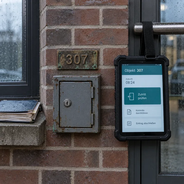 Klinkerwand neben dem Nebeneingang eines Gewerbeobjekts nach dem Regen: Über einem angerosteten Schlüsseldepot aus Stahl sitzt ein von Grünspan überzogenes Messingschild mit der Objektnummer 307, rechts hängt an der Türdrückerstange ein Tablet in robuster Gummihülle mit derselben Nummer in der Kopfzeile, der Ankunftszeit 08:24 und den Kacheln „Zutritt prüfen“, „Kontrolle durchführen“ und „Eintrag abschließen“, links auf dem nassen Fenstersims ein alter Durchschreibeblock mit welligen Seiten