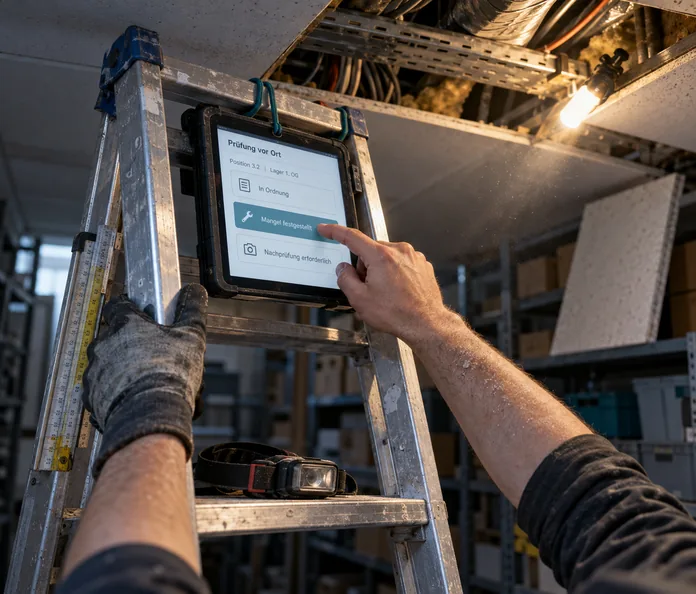 Lagerraum unter einer geöffneten Revisionsöffnung der abgehängten Decke: Eine Hand im verschmutzten Arbeitshandschuh hält den Holm einer Aluminium-Stehleiter, die andere, staubige Hand tippt auf einem an der obersten Sprosse eingehängten Tablet die Kachel „Mangel festgestellt“ der Maske „Prüfung vor Ort“ für Position 3.2 im Lager 1. OG, auf der Sprosse darunter eine Stirnlampe, am Holm ein Zollstock, oben in der Öffnung Kabeltrassen, Dämmung und eine eingeklemmte Handleuchte