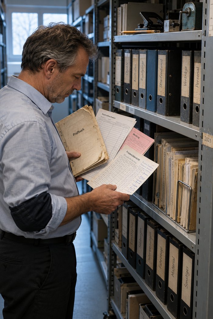 Gang zwischen Stahlregalen im Innendienst: Ein Mann Anfang fünfzig in hellblauem Hemd mit Ärmelschonern hält ein abgegriffenes Prüfbuch und sortiert mit dem Daumen einen Kontrollnachweis, ein rosa Meldeblatt und eine handschriftlich ergänzte Fristenübersicht, daneben ein Fach mit vergilbten Musterexemplaren im Stützbügel und Ordner mit handbeschrifteten Rücken wie „Objekte“, „Rundgänge“, „Streifendienst“, „Verträge“, „Unterweisungen“ und „Fahrzeuge“, oben auf dem Regal ein Locher und ein Anspitzer mit Kurbel