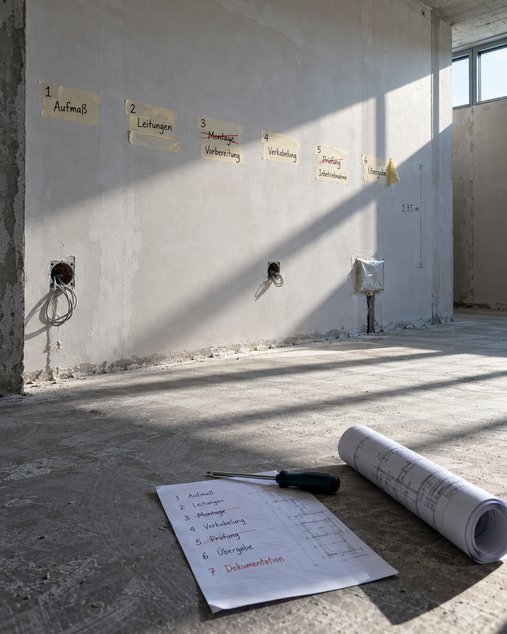 Leere Gewerbefläche mit gespachtelten Wänden und Estrichboden im harten Seitenlicht: An der Wand kleben sechs beschriftete Kreppbandstreifen von „1 Aufmaß“ über „2 Leitungen“, das durchgestrichene und durch „Vorbereitung“ ersetzte „3 Montage“, „4 Verkabelung“ und das zu „Inbetriebnahme“ korrigierte „5 Prüfung“ bis „6 Übergabe“, darunter herausgezogene Leitungen aus Leerdosen und ein angezeichnetes Maß von 1,35 m, auf dem Boden ein Blatt mit derselben Liste und der rot ergänzten Zeile „7 Dokumentation“, beschwert mit einem Schraubendreher, daneben eine aufgerollte Grundrisskopie