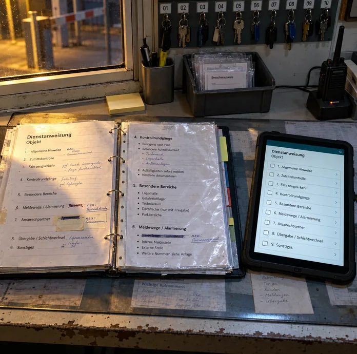 Tresen eines Pfortenhäuschens von oben: links ein aufgeschlagener Ordner mit der Dienstanweisung eines Objekts, neun Gliederungspunkte von Allgemeine Hinweise bis Sonstiges, mehrere Zeilen von Hand korrigiert und ein Ansprechpartner überklebt, rechts ein Tablet in Schutzhülle mit derselben Gliederung als Liste mit Auswahlfeldern, dahinter ein Schlüsselbrett mit den Haken 01 bis 10, eine Kiste mit Besucherausweisen und ein Funkgerät in der Ladeschale, durch das Fenster eine Schranke im Licht der Hofleuchte