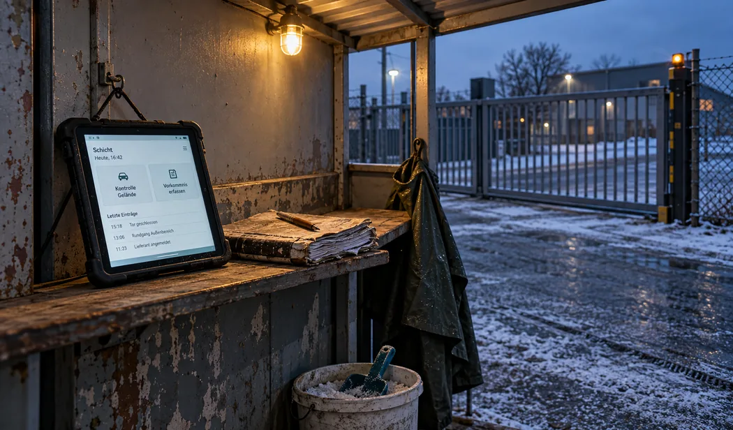 Wetterschutzhütte am Tor eines Betriebsgeländes in der Abenddämmerung: Am abgenutzten Bord hängt ein Tablet in Schutzhülle mit der Maske Schicht, den großen Kacheln Kontrolle Gelände und Vorkommnis erfassen und den letzten Einträgen Tor geschlossen, Rundgang Außenbereich und Lieferant angemeldet, daneben ein aufgequollenes altes Schichtbuch mit Kugelschreiber, am Haken ein Regencape, darunter ein Eimer mit Streusalz, draußen das geschlossene Schiebetor, der Zaun und Schneereste auf dem Asphalt