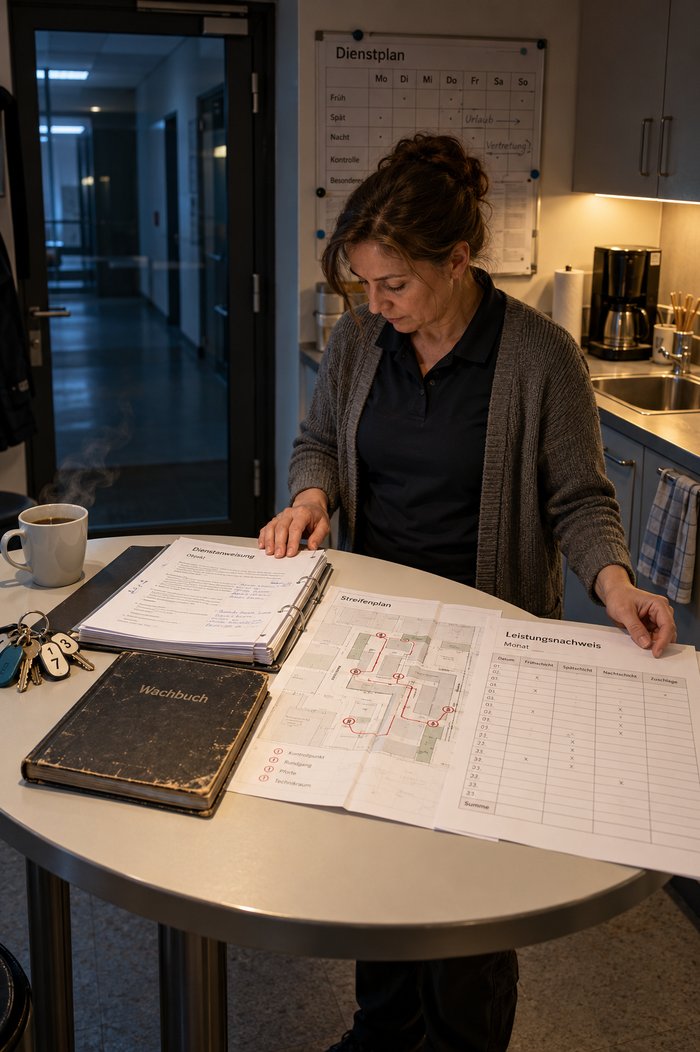 Teeküche einer Niederlassung am frühen Morgen: An einem runden Stehtisch legt eine Frau in grauer Strickjacke Unterlagen nebeneinander, den aufgeschlagenen Ordner einer Dienstanweisung mit handschriftlichen Korrekturen, ein abgegriffenes Wachbuch, einen Streifenplan mit rot eingezeichneten Kontrollpunkten und einen Leistungsnachweis eines Monats mit Spalten für Früh-, Spät- und Nachtschicht und Zuschläge, daneben eine dampfende Tasse und ein Schlüsselbund mit nummerierten Anhängern, an der Wand ein Dienstplan mit Bleistiftnotizen, links eine Glastür zum dunklen Flur