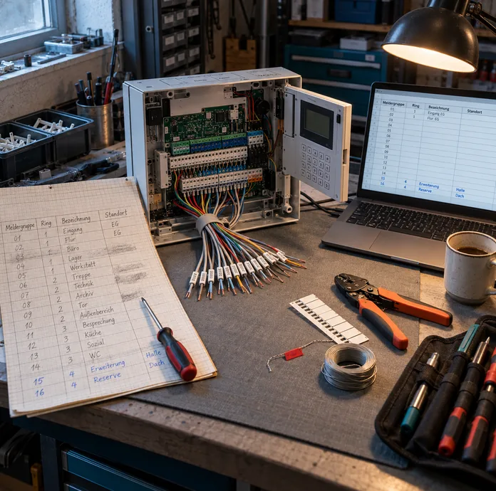 Programmierplatz in der Werkstatt eines Errichterbetriebs von schräg oben: Auf einer grauen Arbeitsmatte steht ein geöffnetes Zentralengehäuse mit Platine, Klemmleisten und einem nach vorn gelegten, mit Kabelmerkern versehenen Aderbündel, das Bedienteil mit Display und Tastenfeld ist aufgeklappt, links liegt ein handgeführter Klemmplan auf Millimeterpapier mit den Spalten Meldergruppe, Ring, Bezeichnung und Standort, radierten Zeilen und blau angehängten Erweiterungen, rechts ein Notebook mit derselben Tabelle, dazu Crimpzange, Markierungsstreifen, Plombierdraht, Schraubendreher, eine Werkzeugrolle und ein Kaffeebecher