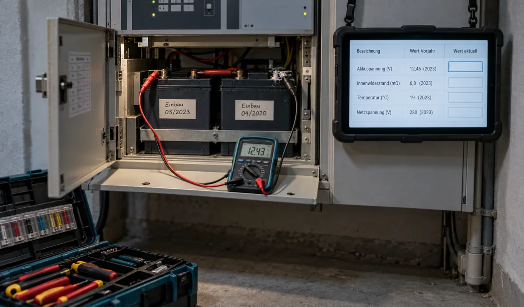 Geöffnete Energieversorgung einer Gefahrenmeldezentrale im Technikraum: Zwei Bleiakkus mit den handschriftlichen Aufklebern Einbau 03/2023 und Einbau 04/2020, an den Polen die rote und die schwarze Messleitung eines Multimeters, das auf der heruntergeklappten Blende 12,43 V anzeigt, daneben an einem Gurt ein Tablet in Gummihülle mit der Tabelle Bezeichnung, Wert Vorjahr und Wert aktuell für Akkuspannung, Innenwiderstand, Temperatur und Netzspannung, die Felder für heute noch leer, links unten ein offener Werkzeugkoffer mit Ersatzsicherungen und Schraubendrehern