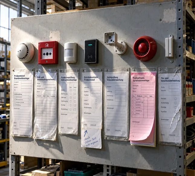 Stirnseite eines Lagerregals bei einem Errichterbetrieb: Nebeneinander sind sieben Musterbauteile montiert, ein Rauchmelder, ein roter Handmelder, ein Bewegungsmelder, ein Zutrittsleser, ein Kamerahalter ohne Kamera, eine rote Sirene und ein Magnetkontakt, darunter steckt in Klarsichthüllen je ein anders aufgebautes Formblatt vom Prüfprotokoll der Brandmeldeanlage über die Funktionsprüfung der Einbruchmeldeanlage und die Sichtprüfung der Videoüberwachung bis zum rosa Durchschreibesatz für den Sprachalarm, an einer Hülle ein Zettel mit dem Vermerk auch Online-Test nicht vergessen