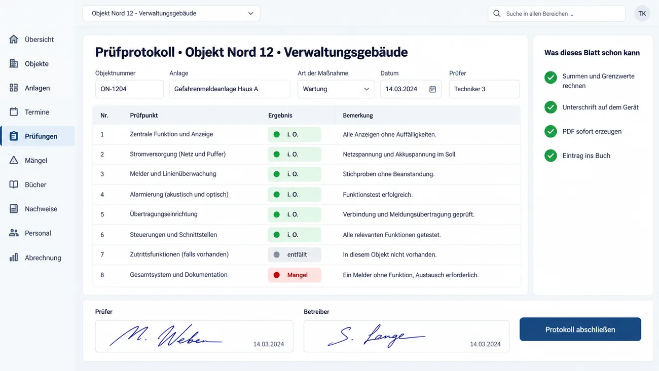 Maske: Prüfprotokoll zur Wartung einer Gefahrenmeldeanlage mit Objektnummer, Anlage, Art der Maßnahme, Datum und Prüfer, der Tabelle von acht Prüfpunkten von Zentrale und Stromversorgung bis Gesamtsystem mit sechs Ergebnissen i. O., einem entfällt und einem Mangel samt Bemerkung, der Karte Was dieses Blatt schon kann mit Summen und Grenzwerte rechnen, Unterschrift auf dem Gerät, PDF sofort erzeugen und Eintrag ins Buch, den Unterschriftsfeldern für Prüfer und Betreiber und der Schaltfläche Protokoll abschließen