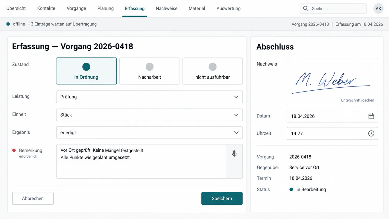 Erfassungsmaske für unterwegs mit Auswahlfeldern, Spracheingabe und Unterschrift