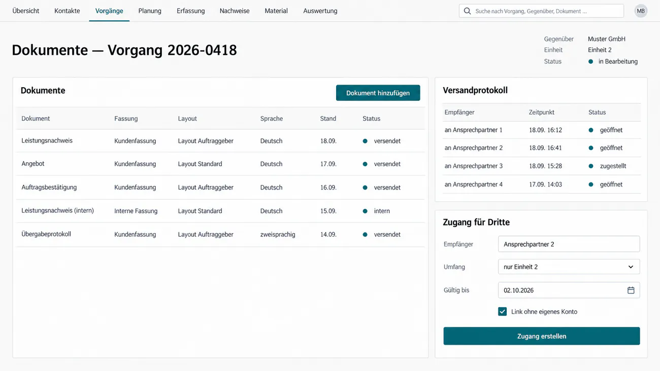Dokumentenmaske mit interner und externer Fassung sowie Versandprotokoll
