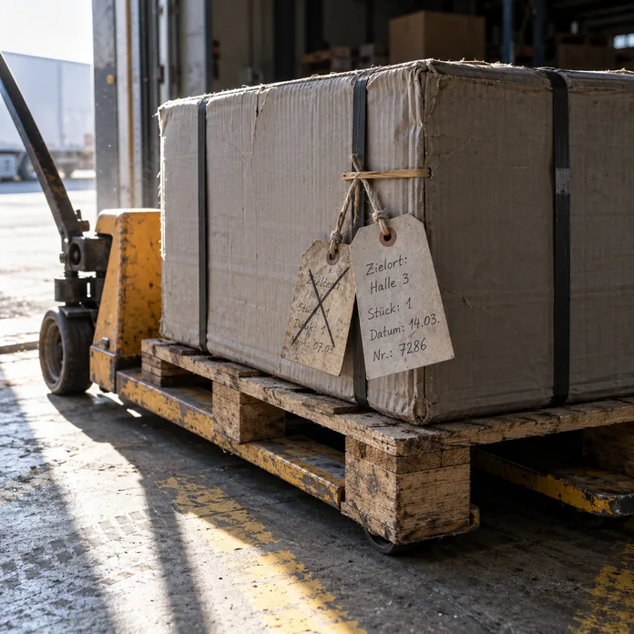 Bereitstellungsfläche vor einem offenen Hallentor im Gegenlicht: Auf den Gabeln eines gelben Handhubwagens steht auf einer abgenutzten Holzpalette ein mit zwei dunklen Bändern umreiftes Packstück in grauer Wellpappe, an einer Kordel hängen zwei Warenanhänger aus Karton, vorn „Zielort: Halle 3“, „Stück: 1“, „Datum: 14.03.“ und „Nr.: 7286“, dahinter ein älterer, durchgekreuzter Anhänger vom 07.03., auf dem Estrich abgefahrene gelbe Markierungen