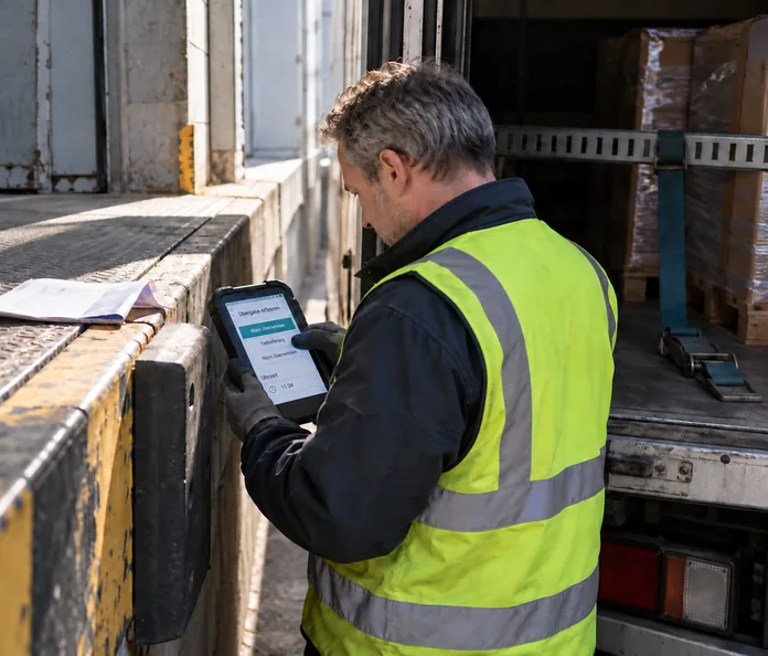 Schmaler Spalt zwischen einer Verladerampe und dem offenen Heck eines Lkw: Ein grauhaariger Fahrer in dunkler Jacke, gelber Warnweste und Arbeitshandschuhen hält ein robustes Tablet und tippt in der Maske „Übergabe erfassen“ mit den großen Schaltflächen „Ware übernehmen“, „Teillieferung“ und „Nicht übernehmen“ und der Uhrzeit 11:24, auf der geriffelten Rampenkante mit Gummipuffer liegt ein gefalteter Durchschlag, im Laderaum foliierte Ladung auf Paletten hinter einer Zurrschiene mit blauem Spanngurt