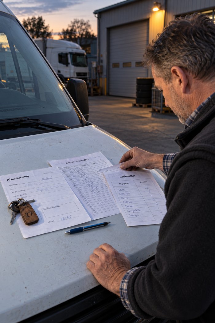 Betriebshof in der Abenddämmerung: Ein Mann Anfang fünfzig in dunkler Fleecejacke über kariertem Hemd legt eine Hand auf die Motorhaube eines weißen Transporters und zieht mit der anderen ein Blatt heran, auf dem Blech liegen ein Ablieferbeleg mit leerem Feld „Unterschrift Empfänger“ und der Uhrzeit 16:35, ein Wochen-Tourenblatt mit vielen Zeilen und eine handschriftliche Tabelle „Lademittel“ mit Palette, Gitterbox, Kiste, Faltbox und Deckel, dazu ein Schlüsselbund mit dem Lederanhänger 27 und ein Kugelschreiber, dahinter ein Lkw, ein Hallentor unter einer brennenden Leuchte und ein Reifenstapel