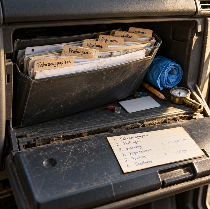 Blick schräg von oben in das weit geöffnete Handschuhfach eines Nutzfahrzeugs im warmen Seitenlicht: Darin steht eine abgegriffene schwarze Mappe mit sechs handbeschrifteten Registerreitern aus Karton, Fahrzeugpapiere, Prüfungen, Wartung, Reparaturen, ein durchgestrichener Reiter Tanken und Sonstiges, zwischen den Reitern ragen Blattkanten heraus, daneben liegen eine Rolle blauer Einweghandschuhe, ein Bleistift, eine unbeschriftete Plastikkarte, ein Reifendruckprüfer mit Messingfassung und zwei lose Sicherungen, auf der heruntergeklappten, zerkratzten Klappe liegt eine Karteikarte mit derselben Reihenfolge von 1 Fahrzeugpapiere bis 6 Sonstiges und den handschriftlichen Ergänzungen Inspektion und Belege