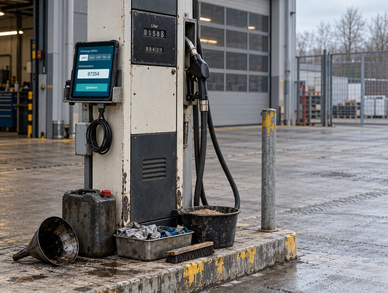 Zapfinsel auf einem Betriebshof an einem bedeckten Vormittag: An der Seite einer alten, hell lackierten Zapfsäule mit mechanischem Literzählwerk steckt in einem Blechhalter ein Tablet in robuster Hülle mit der Maske Fahrzeug wählen, den Auswahlflächen LKW 1 bis LKW 3 und weiteren, dem Feld Kilometerstand mit dem Wert 87354 und der Schaltfläche Speichern, darunter hängt ein aufgewickeltes Ladekabel, daneben der eingehängte Zapfhahn mit Schlauch, auf dem Betonsockel mit gelber Kantenmarkierung stehen ein Einfülltrichter, ein Kanister, eine Blechschale mit Putzlappen, ein Eimer mit Bindemittel und ein Handfeger, im Hintergrund die offene Werkstatthalle, ein geschlossenes Sektionaltor, ein Poller und ein Zaun