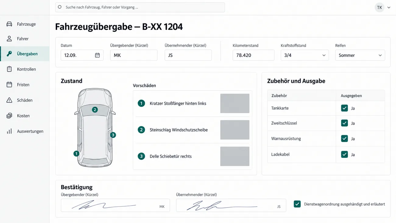 Maske: Fahrzeugübergabe B-XX 1204 am 12.09. mit Übergebendem und Übernehmendem als Kürzel, Kilometerstand 78.420, Kraftstoffstand 3/4 und Sommerreifen, dem Block Zustand mit einer Fahrzeugsilhouette in Draufsicht und drei nummerierten Markierungen, daneben die Vorschäden Kratzer Stoßfänger hinten links, Steinschlag Windschutzscheibe und Delle Schiebetür rechts mit je einem Fotofeld, rechts Zubehör und Ausgabe mit Tankkarte, Zweitschlüssel, Warnausrüstung und Ladekabel, jeweils ausgegeben, und unten die Bestätigung mit zwei Unterschriften und dem Häkchen Dienstwagenordnung ausgehändigt und erläutert
