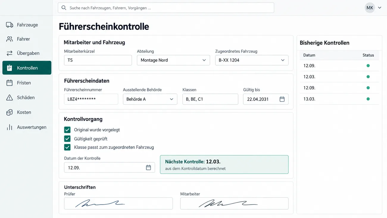Maske: Führerscheinkontrolle mit Mitarbeiterkürzel, Abteilung Montage Nord und zugeordnetem Fahrzeug B-XX 1204, den Führerscheindaten mit teilmaskierter Führerscheinnummer, ausstellender Behörde als Auswahl, Klassen B, BE und C1 und gültig bis 22.04.2031, dem Kontrollvorgang mit den Häkchen Original wurde vorgelegt, Gültigkeit geprüft und Klasse passt zum zugeordneten Fahrzeug, dem Datum der Kontrolle 12.09. und dem hervorgehobenen Feld Nächste Kontrolle: 12.03., aus dem Kontrolldatum berechnet, den Unterschriften von Prüfer und Mitarbeiter und rechts den bisherigen Kontrollen im halbjährlichen Takt, jede mit grünem Status