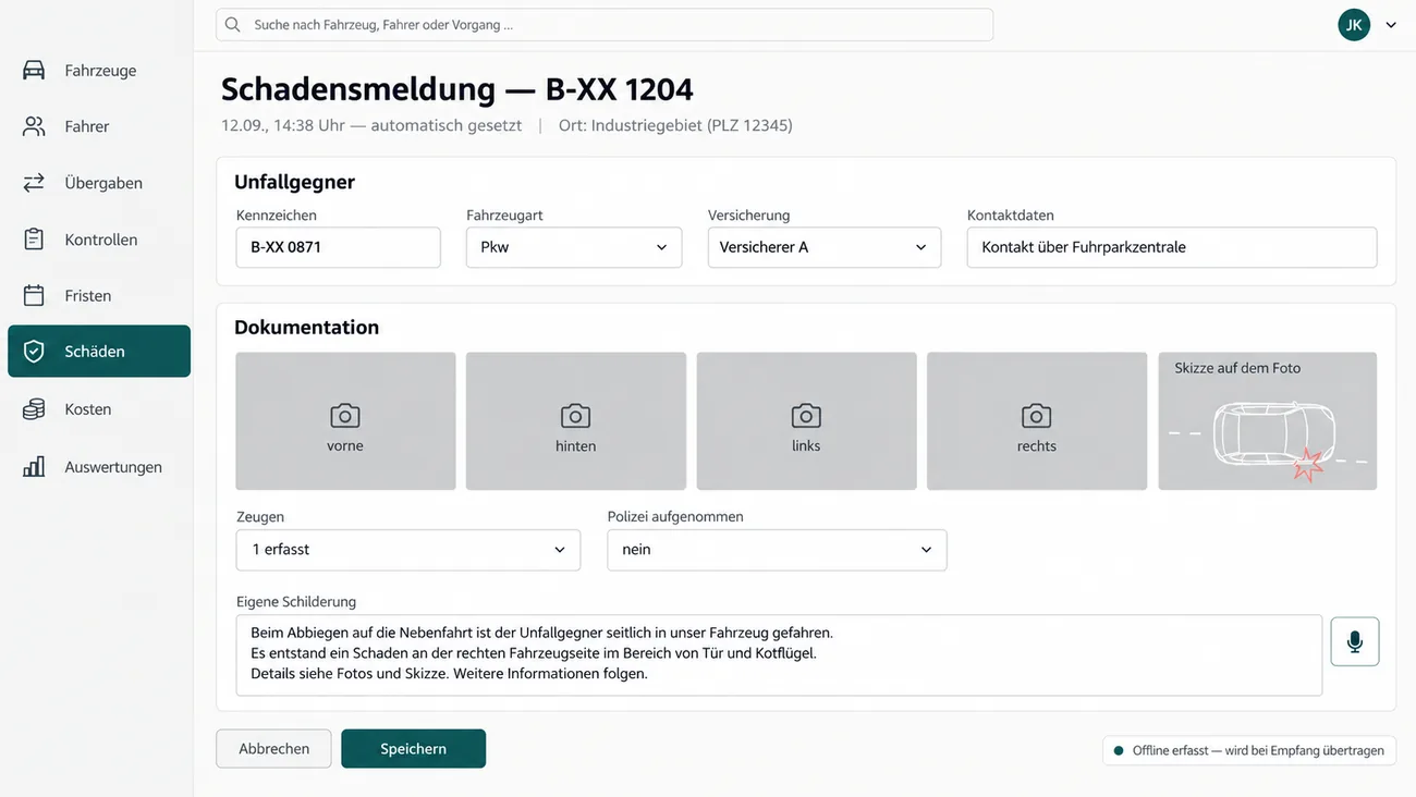 Maske: Schadensmeldung B-XX 1204 mit dem automatisch gesetzten Zeitstempel 12.09., 14:38 Uhr und einer neutralen Ortsangabe, dem Block Unfallgegner mit Kennzeichen, Fahrzeugart Pkw, Versicherung als Auswahl und Kontaktdaten, der Dokumentation mit vier Fotofeldern vorne, hinten, links und rechts und einer Skizze auf dem Foto mit markiertem Schaden vorne rechts, den Feldern Zeugen: 1 erfasst und Polizei aufgenommen: nein, der eigenen Schilderung zum Schaden an der rechten Fahrzeugseite mit Mikrofonsymbol für die Spracheingabe, den Schaltflächen Abbrechen und Speichern und dem Hinweis Offline erfasst, wird bei Empfang übertragen