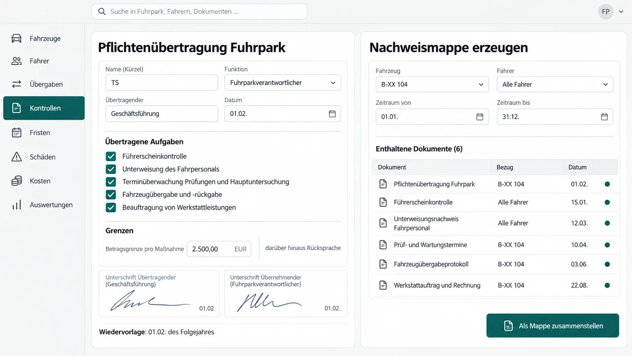 Maske: Pflichtenübertragung Fuhrpark mit Kürzel, Funktion Fuhrparkverantwortlicher, Übertragendem Geschäftsführung und Datum 01.02., den übertragenen Aufgaben Führerscheinkontrolle, Unterweisung des Fahrpersonals, Terminüberwachung Prüfungen und Hauptuntersuchung, Fahrzeugübergabe und -rückgabe sowie Beauftragung von Werkstattleistungen, der Betragsgrenze pro Maßnahme mit dem Vermerk darüber hinaus Rücksprache, zwei Unterschriften und der Wiedervorlage am 01.02. des Folgejahres, rechts Nachweismappe erzeugen mit Auswahl von Fahrzeug, Fahrer und Zeitraum, sechs enthaltenen Dokumenten mit Bezug und Datum und der Schaltfläche Als Mappe zusammenstellen