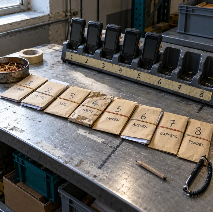 Ausgabetisch aus zerkratztem Blech in einem Kurierdepot vor der ersten Ausfahrt: Acht braune Papierumschläge liegen in einer Reihe, jeder mit einer großen handgeschriebenen Ziffer von 1 bis 8 und einem Kürzel wie Nord, Mitte, Süd, West, Innen, Außen, Express und Sonder beschriftet und mit einem Gummiband verschlossen, einer mit Klebeband geflickt, dahinter eine graue Ladeschale mit acht Steckplätzen, fünf davon mit robusten Handgeräten belegt und drei leer, darauf ein vergilbter Streifen mit denselben Ziffern, am Tischrand eine Rolle Kreppband, eine Blechdose mit Gummibändern, ein Bleistift und ein Eingabestift an einer Spiralschnur, links ein Fenster mit kühlem Tageslicht