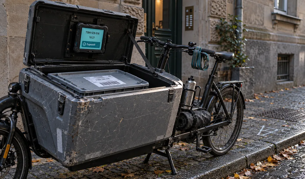 Lastenrad mit grauem, verschrammtem Transportkasten am Bordstein vor dem Eingang eines Altbaus mit Sandsteinfassade: Der Deckel ist aufgeklappt und mit einem Gurt gehalten, innen steht eine Kunststoffwanne mit einem Sendungsetikett mit Strichcode und der Nummer 7384 529 016, in der Deckelklappe steckt ein robustes Tablet mit derselben Nummer, der Uhrzeit 10:27 und der Bestätigungsfläche Zugestellt, am Lenker hängt ein zusammengerollter Spanngurt, am Rahmen eine Trinkflasche und ein aufgerollter Regenüberzug, auf dem nassen Kopfsteinpflaster liegt feuchtes Laub, dahinter die Haustür mit Klingeltableau