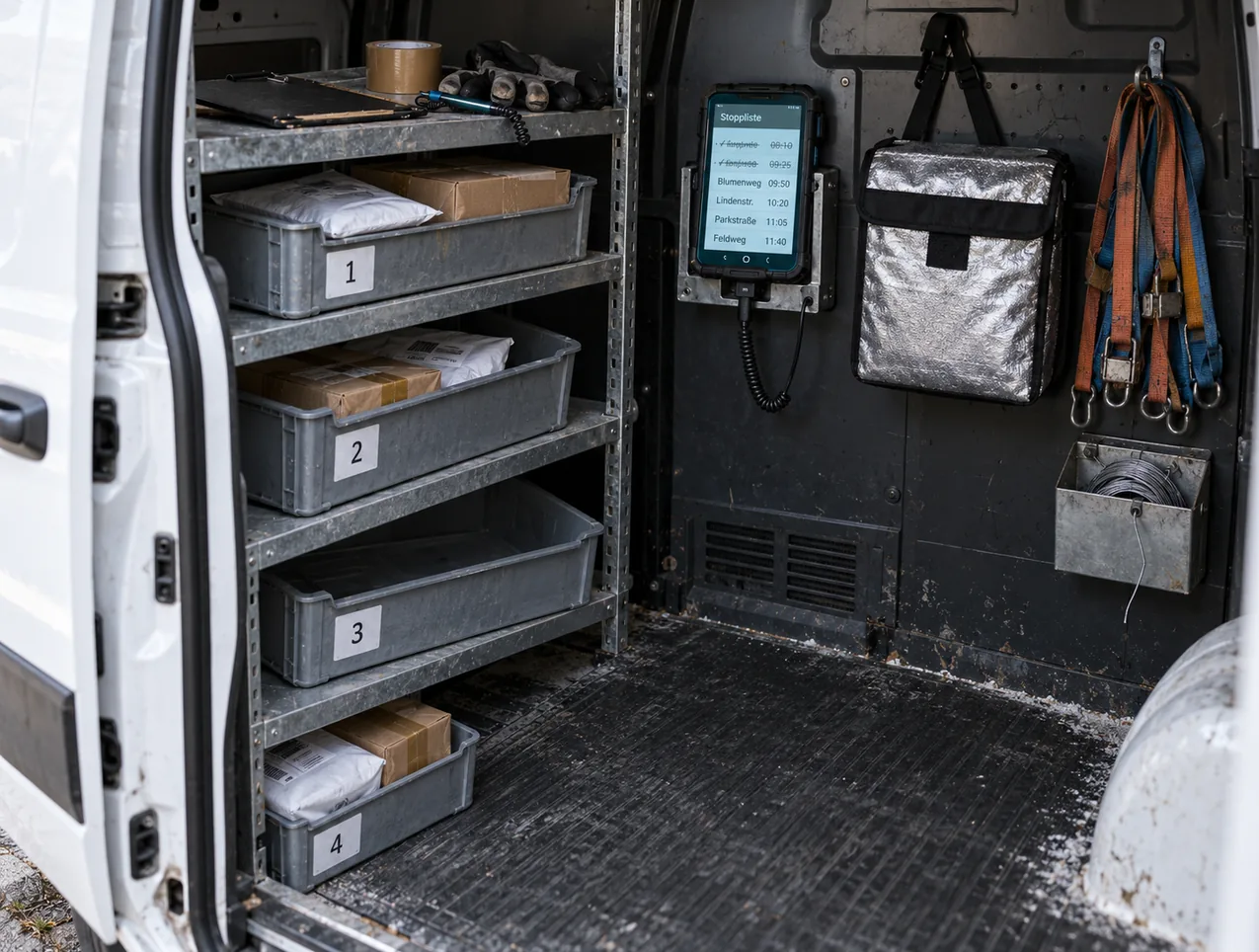 Blick durch die offene Schiebetür in den Laderaum eines Kastenwagens: An der linken Seitenwand ein verzinktes Fachbodenregal mit vier nummerierten grauen Kunststoffwannen, drei davon mit Paketen und Versandtaschen belegt, eine leer, auf dem obersten Boden ein Klemmbrett, eine Rolle Klebeband, Arbeitshandschuhe und ein Eingabestift an einer Spiralschnur, an der Trennwand zur Fahrerkabine in einer Blechhalterung mit Ladekabel ein robustes Handgerät mit der Stoppliste, zwei Stopps um 08:10 und 09:25 abgehakt und durchgestrichen, danach Blumenweg 09:50, Lindenstr. 10:20, Parkstraße 11:05 und Feldweg 11:40, daneben eine silberne Kühltasche, ein Bündel Spanngurte und ein Blechkasten mit Plombendraht, auf dem Boden eine geriffelte Gummimatte mit Streusalzrand