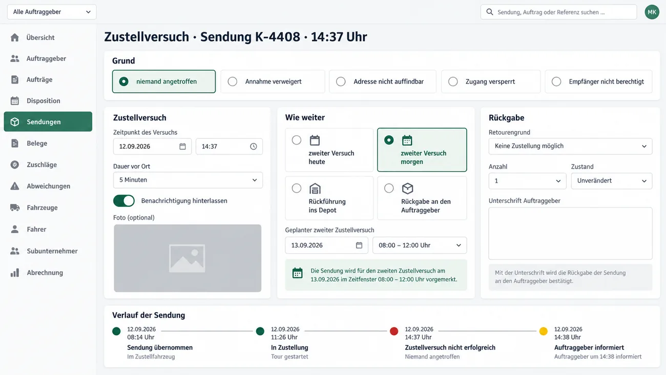 Maske: Zustellversuch zu Sendung K-4408 um 14:37 Uhr mit der Kachelreihe Grund aus niemand angetroffen, gewählt, Annahme verweigert, Adresse nicht auffindbar, Zugang versperrt und Empfänger nicht berechtigt, links Zeitpunkt des Versuchs, Dauer vor Ort 5 Minuten, dem gesetzten Schalter Benachrichtigung hinterlassen und einer Fotokachel, in der Mitte die Karte Wie weiter mit zweiter Versuch heute, zweiter Versuch morgen, gewählt, Rückführung ins Depot und Rückgabe an den Auftraggeber samt geplantem zweiten Zustellversuch am Folgetag zwischen 08:00 und 12:00 Uhr, rechts die Karte Rückgabe mit Retourengrund, Anzahl, Zustand und noch leerem Unterschriftsfeld für den Auftraggeber, unten der Verlauf der Sendung von der Übernahme um 08:14 Uhr über den Tourstart und den erfolglosen Versuch bis Auftraggeber um 14:38 informiert