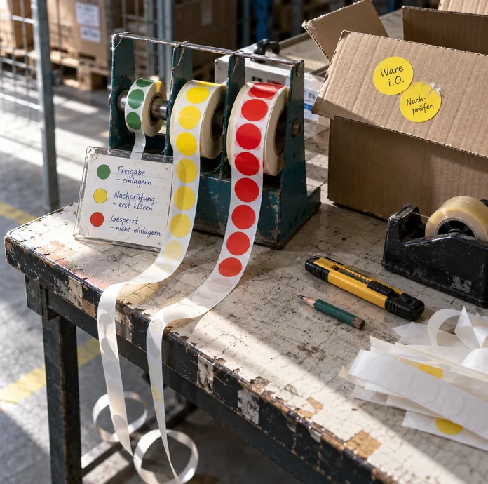 Prüfplatz in der Wareneingangszone im harten Streiflicht: Auf einer zerschrammten Arbeitsplatte steht ein alter, grünblau lackierter Etikettenspender mit drei Rollen grüner, gelber und roter Punktetiketten, deren leere Trägerbänder über die Tischkante bis auf den Boden hängen, davor eine Karte in einer Klarsichthülle mit der handschriftlichen Legende Freigabe – einlagern, Nachprüfung – erst klären und Gesperrt – nicht einlagern, rechts ein offener Karton mit den zwei gelben Punkten Ware i. O. und Nachprüfen, dazu ein Cuttermesser, ein Bleistiftstummel, ein Klebebandabroller und ein Stapel loser Trägerstreifen