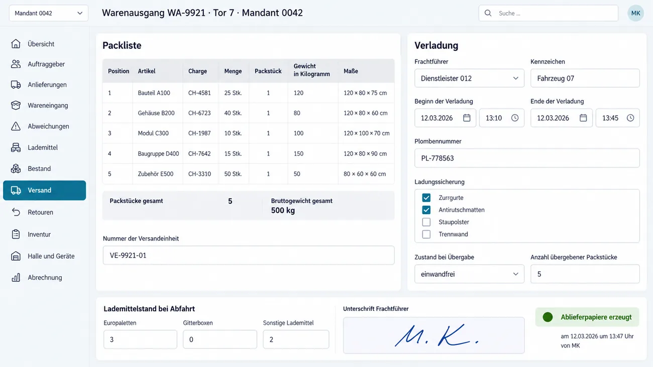 Maske: Warenausgang WA-9921 an Tor 7 für Mandant 0042 mit der Packliste aus fünf Positionen samt Artikel, Charge, Menge, Packstück, Gewicht in Kilogramm und Maßen, zusammen 5 Packstücke und 500 kg brutto, und der Nummer der Versandeinheit, rechts der Karte Verladung mit Frachtführer, Fahrzeug, Verladung von 13:10 bis 13:45, Plombennummer, Ladungssicherung mit Zurrgurten und Antirutschmatten, Zustand bei Übergabe einwandfrei und 5 übergebenen Packstücken, unten dem Lademittelstand bei Abfahrt mit 3 Europaletten, 0 Gitterboxen und 2 sonstigen Lademitteln, der Unterschrift des Frachtführers und dem grünen Status Ablieferpapiere erzeugt