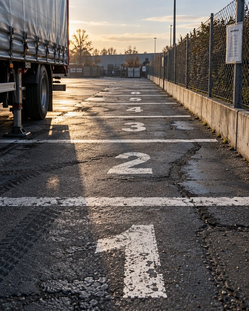 Stellplatzreihe auf einem Betriebshof in tief stehender Morgensonne, aus Kniehöhe gesehen: Auf den geflickten, rissigen Asphalt sind die Ziffern 1 bis 6 und die Platzbegrenzungen in abgefahrener weißer Farbe gemalt und werden nach hinten kleiner, links steht ein Planenauflieger mit ausgefahrener Stützwinde, rechts begleitet ein Maschendrahtzaun auf Betonsockel die Reihe, an einem Pfosten hängt ein Aushang „Hofordnung“