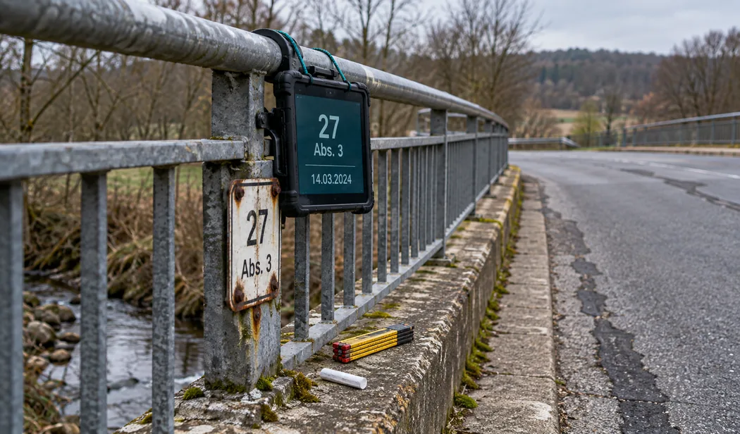 Geländer einer kleinen Straßenbrücke über einen Bachlauf an einem bedeckten Vormittag: Am verzinkten Pfosten ist ein verwittertes Blechschild mit der Aufschrift 27 Abs. 3 und Rostfahnen an den Schrauben angebracht, direkt daneben hängt ein robustes Tablet in einer Klemmhalterung, mit einem grünen Spanngummi gesichert, und zeigt dieselbe Angabe 27, Abs. 3 mit dem Datum 14.03.2024, auf der bemoosten Betonkappe darunter liegen ein gelber Zollstock und ein Stück Kreide, rechts verläuft die leere Fahrbahn mit geflickten Rissen, links fließt der Bach zwischen Steinen