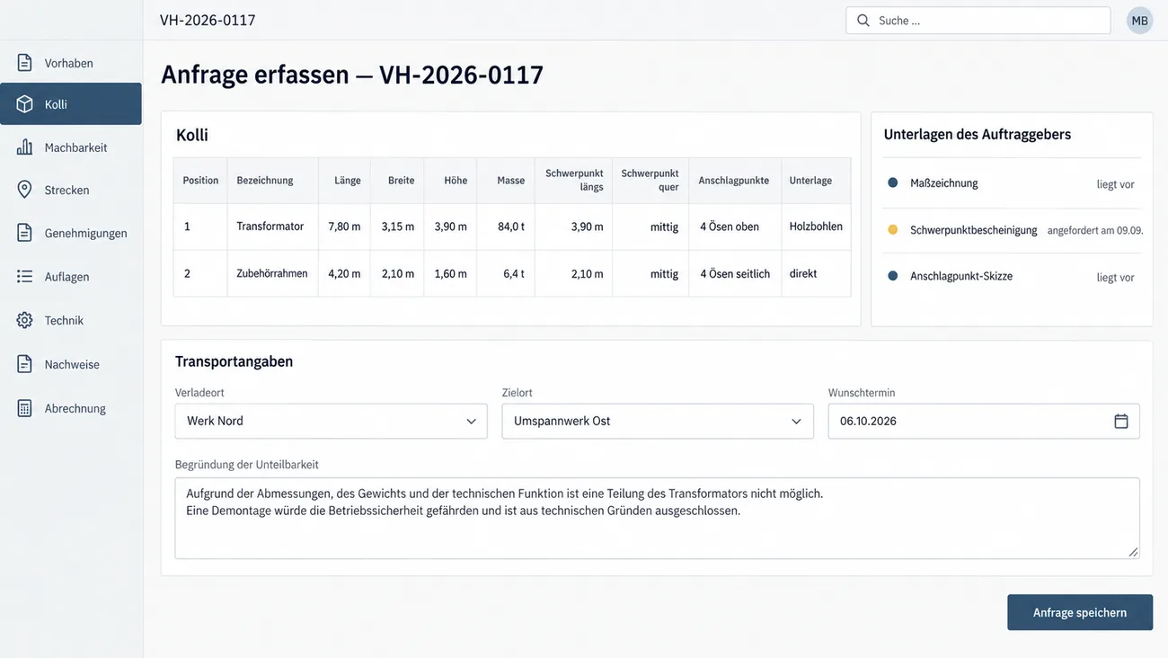 Maske: Anfrage erfassen für VH-2026-0117 mit der Kolliliste aus Position, Bezeichnung, Länge, Breite, Höhe, Masse, Schwerpunkt längs und quer, Anschlagpunkten und Unterlage, dem Transformator mit 7,80 × 3,15 × 3,90 m und 84,0 t, Schwerpunkt mittig und vier Ösen oben auf Holzbohlen und dem Zubehörrahmen mit 4,20 × 2,10 × 1,60 m und 6,4 t, rechts den Unterlagen des Auftraggebers mit vorliegender Maßzeichnung und Anschlagpunkt-Skizze und der am 09.09. angeforderten Schwerpunktbescheinigung als offenem Punkt, darunter Verladeort Werk Nord, Zielort Umspannwerk Ost, Wunschtermin 06.10.2026, die Begründung der Unteilbarkeit und die Schaltfläche Anfrage speichern
