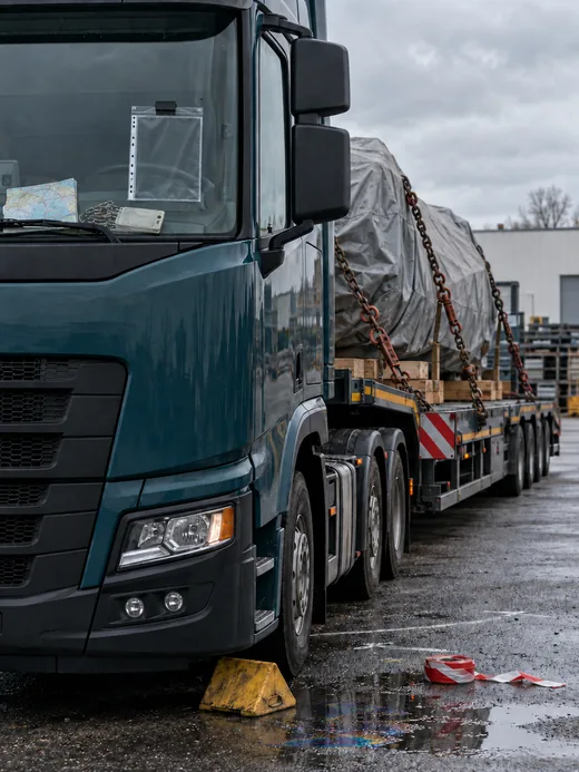 Abfahrbereiter Schwertransport auf einem regennassen Betriebshof an einem grauen Vormittag: Hinter der Windschutzscheibe einer dunkel petrolfarbenen Zugmaschine klemmt eine leere Klarsichthülle, auf dem Armaturenbrett liegen eine gefaltete Straßenkarte, ein Kettenbündel und ein Stapel Anhänger, dahinter trägt ein mehrachsiger Tieflader eine in graue Plane gehüllte, mit Ketten niedergezurrte Last auf Kanthölzern, vor dem Vorderrad steht ein gelber Unterlegkeil, daneben eine Pfütze mit Ölschimmer und eine Rolle rot-weißes Absperrband