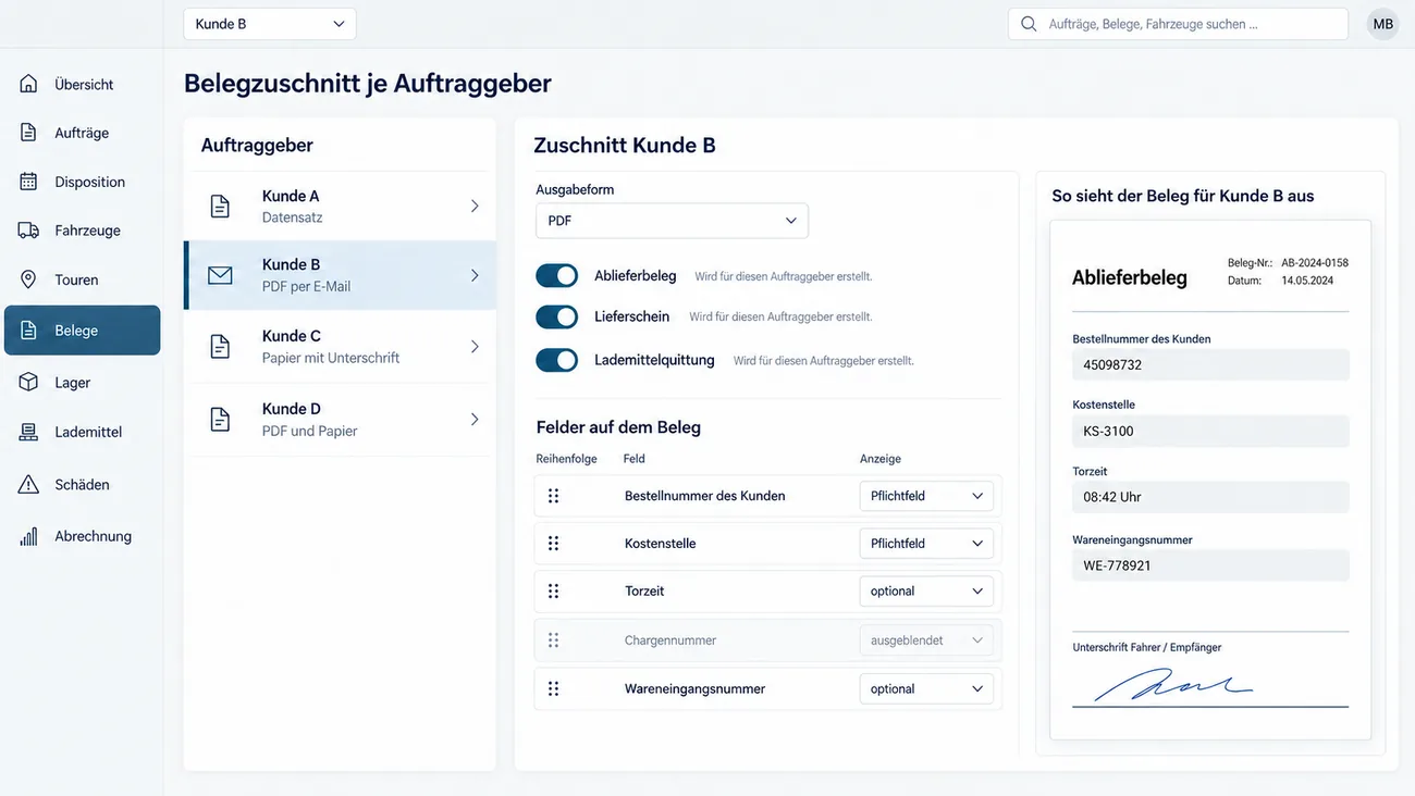Maske: Belegzuschnitt je Auftraggeber mit Kunde A als Datensatz, Kunde B als PDF per E-Mail, Kunde C auf Papier mit Unterschrift und Kunde D als PDF und Papier, für den markierten Kunden B die Ausgabeform PDF, die Schalter Ablieferbeleg, Lieferschein und Lademittelquittung und die sortierbare Feldliste mit Bestellnummer des Kunden und Kostenstelle als Pflichtfeld, Torzeit und Wareneingangsnummer optional und ausgeblendeter Chargennummer, daneben die Vorschau des Ablieferbelegs für Kunde B