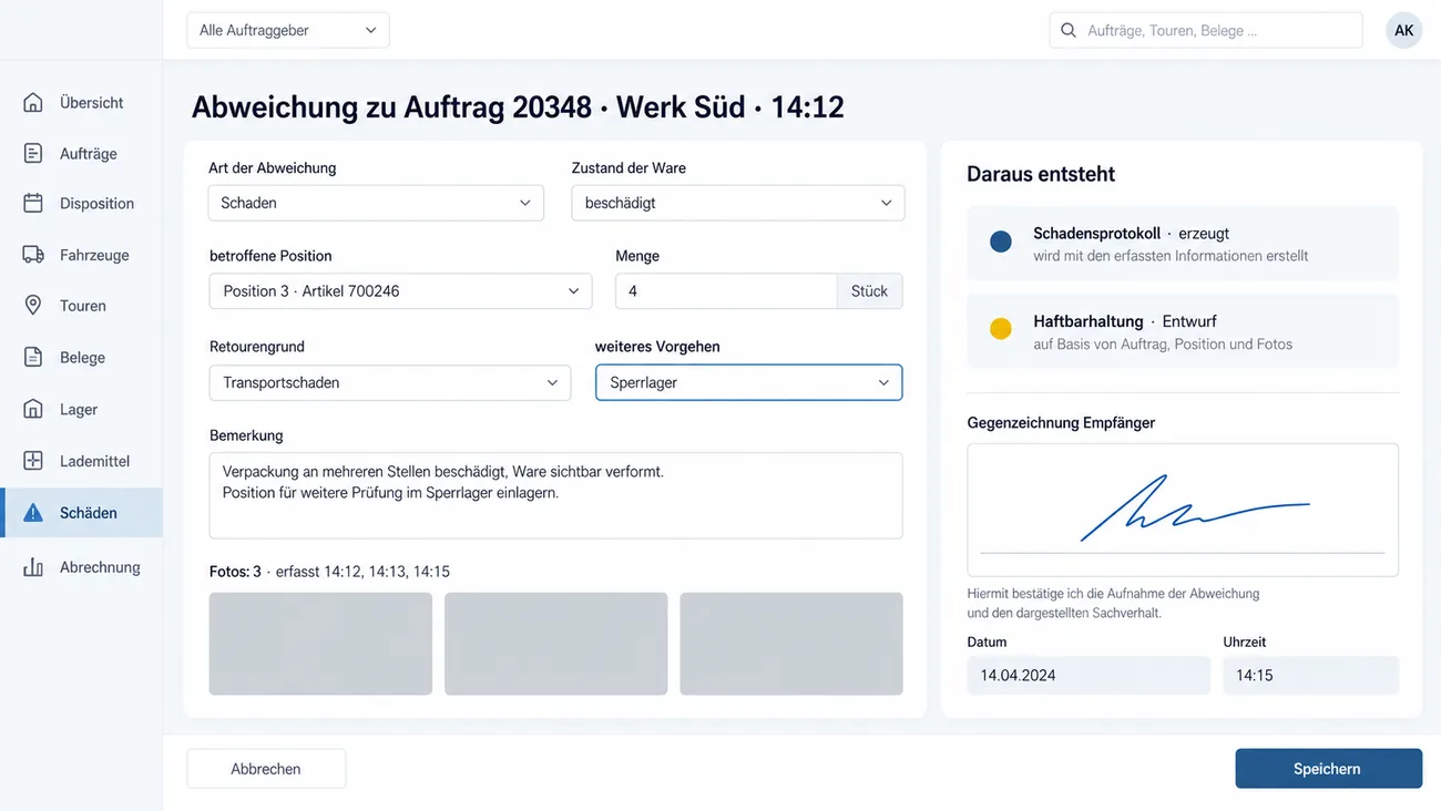 Maske: Abweichung zum Auftrag 20348 im Werk Süd um 14:12 mit Art der Abweichung Schaden, Zustand beschädigt, betroffener Position, Menge 4 Stück, Retourengrund Transportschaden und weiterem Vorgehen Sperrlager, einer Bemerkung, drei Fotos von 14:12 bis 14:15, der Karte Daraus entsteht mit erzeugtem Schadensprotokoll und Haftbarhaltung im Entwurf und der Gegenzeichnung des Empfängers mit Datum und Uhrzeit