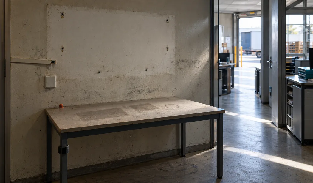 Gang im Bürotrakt einer Spedition am Vormittag: An der vergilbten, abgescheuerten Wand zeichnet sich ein helles Rechteck mit offenen Dübellöchern ab, wo jahrelang ein Wandregal hing, daneben ein abgerissener Kabelkanal und eine blinde Abdeckdose, darunter ein leerer Resopaltisch mit Stahlbeinen, auf dem sich im Staub zwei saubere Rechtecke und ein Ring abzeichnen, in der hinteren Ecke ein orangefarbener Gummifingerling, am Tischbein ein Klettkabelbinder, auf dem Linoleum die Abdrücke von Rollen, rechts durch die offene Tür die Abfertigung mit Schreibtischen und blaugrünen Ablagekästen und ein offenes Rolltor zum sonnigen Hof mit einem Auflieger und Palettenstapeln