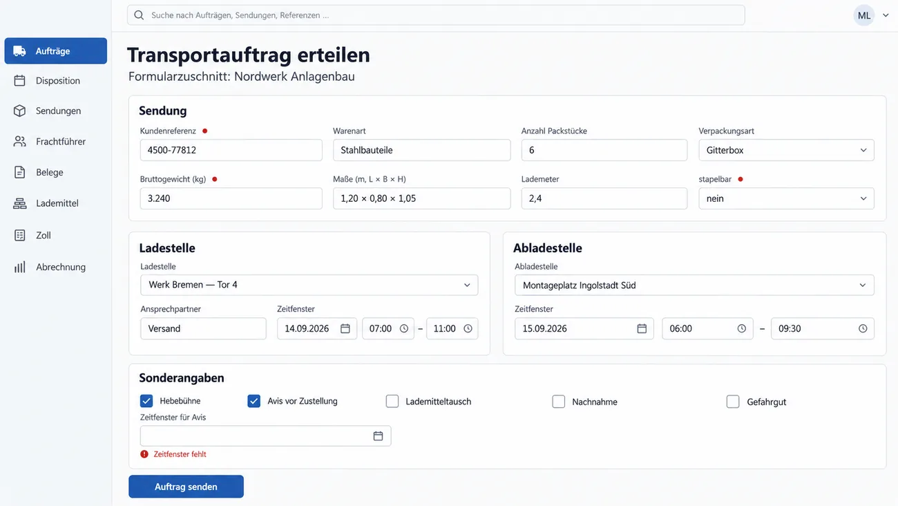 Maske: Transportauftrag erteilen im Formularzuschnitt für Nordwerk Anlagenbau, Abschnitt Sendung mit Kundenreferenz 4500-77812, Warenart Stahlbauteile, 6 Packstücken, Verpackungsart Gitterbox, Bruttogewicht 3.240 kg, Maßen 1,20 × 0,80 × 1,05 m, 2,4 Lademetern und stapelbar nein, Ladestelle Werk Bremen Tor 4 mit Ansprechpartner Versand und Zeitfenster am 14.09.2026 von 07:00 bis 11:00, Abladestelle Montageplatz Ingolstadt Süd mit Zeitfenster am 15.09.2026 von 06:00 bis 09:30, Sonderangaben mit angehakter Hebebühne und Avis vor Zustellung, dazu Lademitteltausch, Nachnahme und Gefahrgut, beim leeren Feld Zeitfenster für Avis der rote Hinweis Zeitfenster fehlt, Pflichtfelder mit rotem Punkt und unten die Schaltfläche Auftrag senden