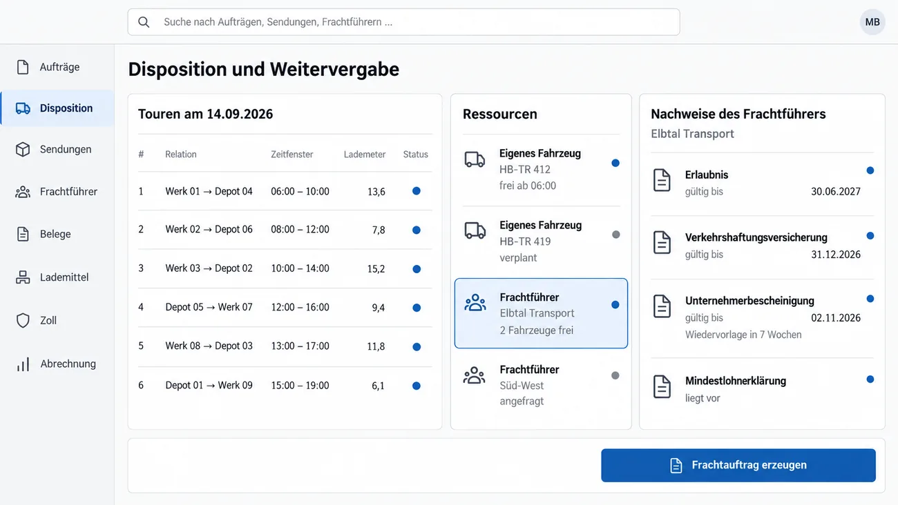 Maske: Disposition und Weitervergabe mit den Touren am 14.09.2026 in sechs Zeilen samt Relation von Werk zu Depot, Zeitfenster, Lademetern zwischen 6,1 und 15,2 und Statuspunkt, in der Mitte die Ressourcen eigenes Fahrzeug HB-TR 412 frei ab 06:00, eigenes Fahrzeug HB-TR 419 verplant, Frachtführer Elbtal Transport mit 2 freien Fahrzeugen, ausgewählt, und Frachtführer Süd-West angefragt, rechts die Nachweise des Frachtführers mit Erlaubnis gültig bis 30.06.2027, Verkehrshaftungsversicherung bis 31.12.2026, Unternehmerbescheinigung bis 02.11.2026 mit Wiedervorlage in 7 Wochen und Mindestlohnerklärung liegt vor, unten die Schaltfläche Frachtauftrag erzeugen