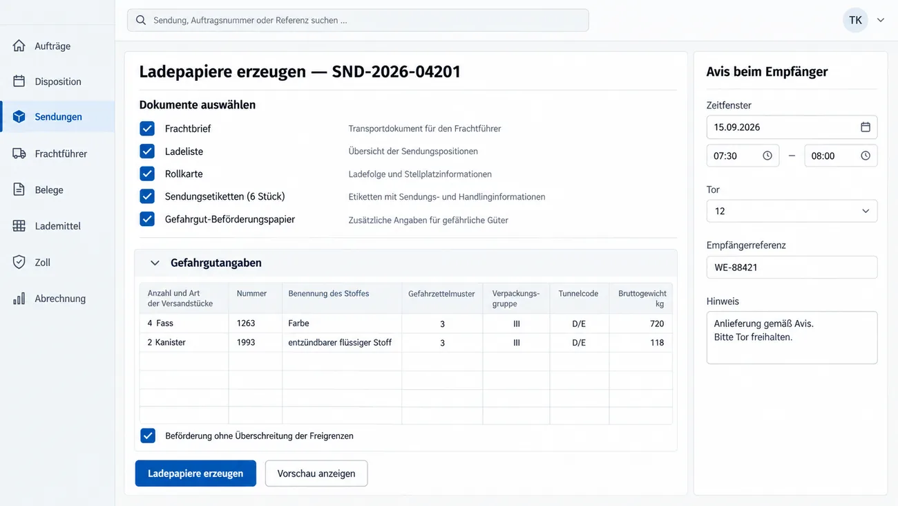 Maske: Ladepapiere erzeugen für SND-2026-04201 mit den angehakten Dokumenten Frachtbrief, Ladeliste, Rollkarte, Sendungsetiketten (6 Stück) und Gefahrgut-Beförderungspapier, darunter der aufgeklappte Block Gefahrgutangaben mit den Spalten Anzahl und Art der Versandstücke, Nummer, Benennung des Stoffes, Gefahrzettelmuster, Verpackungsgruppe, Tunnelcode und Bruttogewicht, gefüllt mit 4 Fass Nummer 1263 Farbe, Muster 3, Gruppe III, D/E, 720 kg und 2 Kanister Nummer 1993 entzündbarer flüssiger Stoff, Muster 3, Gruppe III, D/E, 118 kg, angehakt Beförderung ohne Überschreitung der Freigrenzen, rechts die Karte Avis beim Empfänger mit Zeitfenster am 15.09.2026 von 07:30 bis 08:00, Tor 12, Empfängerreferenz WE-88421 und dem Hinweis Anlieferung gemäß Avis, bitte Tor freihalten, unten die Schaltflächen Ladepapiere erzeugen und Vorschau anzeigen