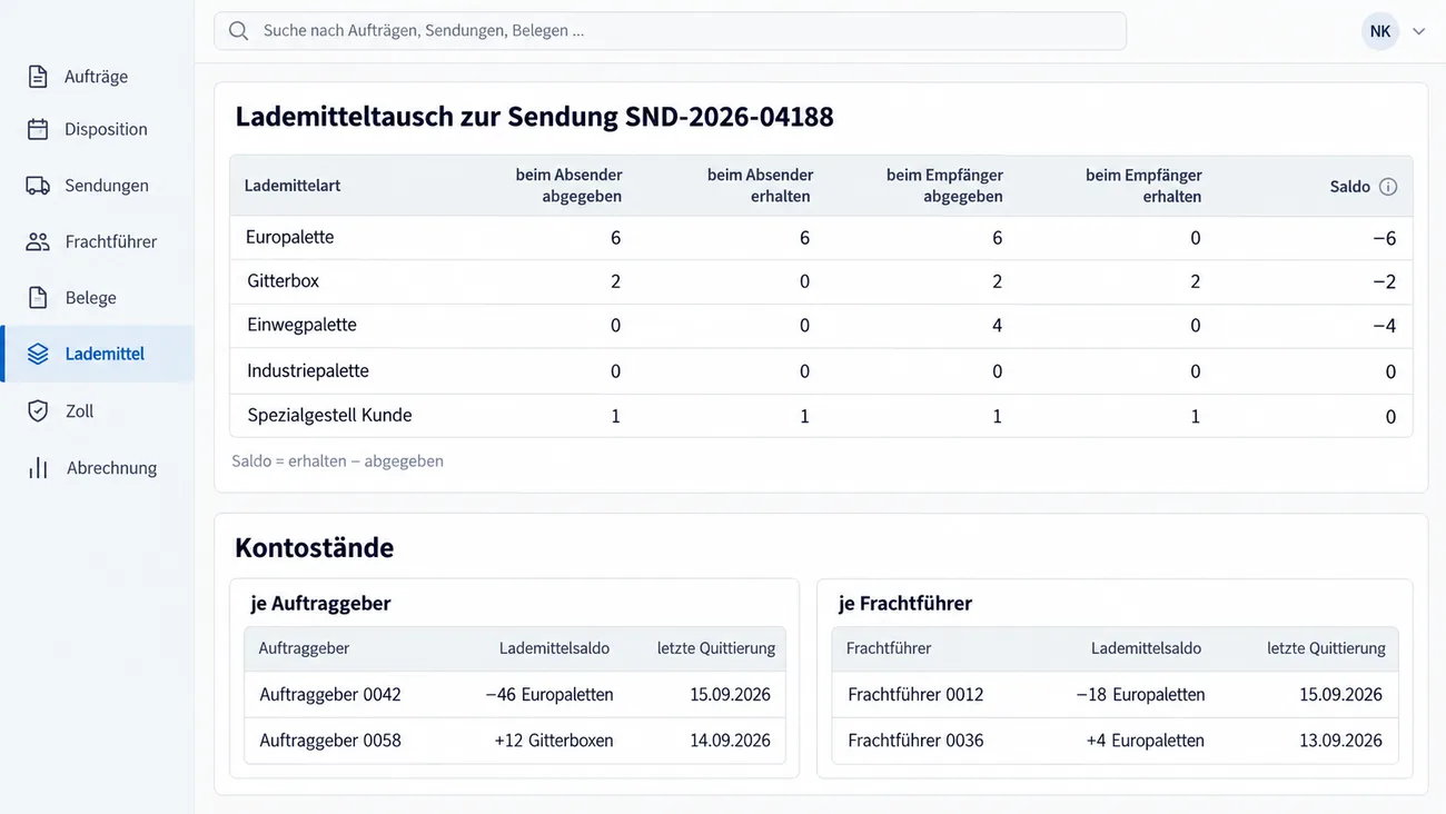 Maske: Lademitteltausch zur Sendung SND-2026-04188 als Tabelle mit den Spalten beim Absender abgegeben und erhalten, beim Empfänger abgegeben und erhalten und Saldo, Europalette 6, 6, 6 und 0 mit Saldo −6, Gitterbox 2, 0, 2 und 2 mit Saldo −2, Einwegpalette mit Saldo −4, Industriepalette ohne Bewegung und die selbst benannte Zeile Spezialgestell Kunde ausgeglichen, darunter der Hinweis Saldo gleich erhalten minus abgegeben, unten die Kontostände je Auftraggeber mit −46 Europaletten und +12 Gitterboxen und je Frachtführer mit −18 und +4 Europaletten, jeweils mit dem Datum der letzten Quittierung