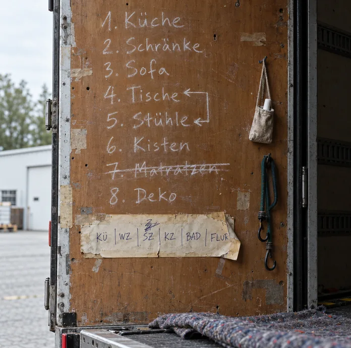 Innenseite der aufgeschlagenen Hecktür eines Möbelwagens auf dem Betriebshof: Auf dem abgenutzten Sperrholz steht mit weißer Kreide die Beladereihenfolge 1. Küche, 2. Schränke, 3. Sofa, 4. Tische, 5. Stühle, 6. Kisten, 7. Matratzen, durchgestrichen, und 8. Deko, Tische und Stühle mit einem Pfeil verbunden, darunter ein vergilbter, eingerissener Papierstreifen mit den Raumkürzeln KÜ, WZ, SZ, KZ, BAD und FLUR, daneben an Haken ein Stoffbeutel mit einem Stück Kreide und ein Gummispanner, unten die Ladekante mit einer Möbeldecke, im Hintergrund eine Halle, Bäume und gestapelte Paletten
