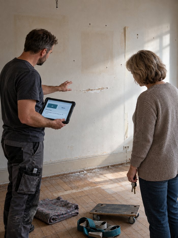 Ausgeräumtes Altbauzimmer am Vormittag: Ein Teamleiter in dunklem T-Shirt und Arbeitshose hält ein Tablet mit den Schaltflächen Ja, gewählt, und Nein und der Bemerkung Schrammspur auf der Wand, ca. 40 cm und hebt die freie Hand zu einer frischen Schramme im Putz, neben ihm steht eine Frau in grauer Strickjacke mit einem Schlüsselbund in der Hand und sieht auf dieselbe Stelle, an der Wand helle Umrisse abgehängter Bilder, Dübellöcher und eine abstehende Tapetenkante, auf dem Dielenboden eine zusammengelegte Möbeldecke, ein Möbelroller und ein Tragegurt, von der Decke hängt eine leere Lampenfassung
