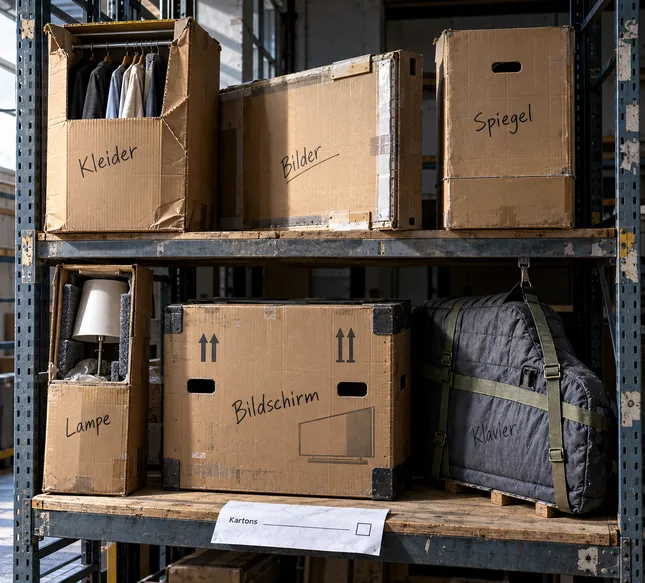 Schwerlastregal in der Lagerhalle eines Umzugsbetriebs im seitlichen Streiflicht: Auf den Holzböden stehen sechs gebrauchte Spezialbehälter mit Filzstift-Aufschrift, eine Kleiderbox mit Stange und Jacken auf Bügeln, eine flache Bilderkiste mit Kantenschutz, ein Spiegelkarton mit Griffloch, eine gepolsterte Lampenkiste mit einer Tischleuchte, eine Kiste für einen Bildschirm mit Pfeilen und Bildschirmsymbol und ein an einem Gurt hängender, gesteppter Klavierschutz, an der Kante des unteren Fachbodens klebt ein Vordruck mit einer einzigen Zeile Kartons und einem Kästchen