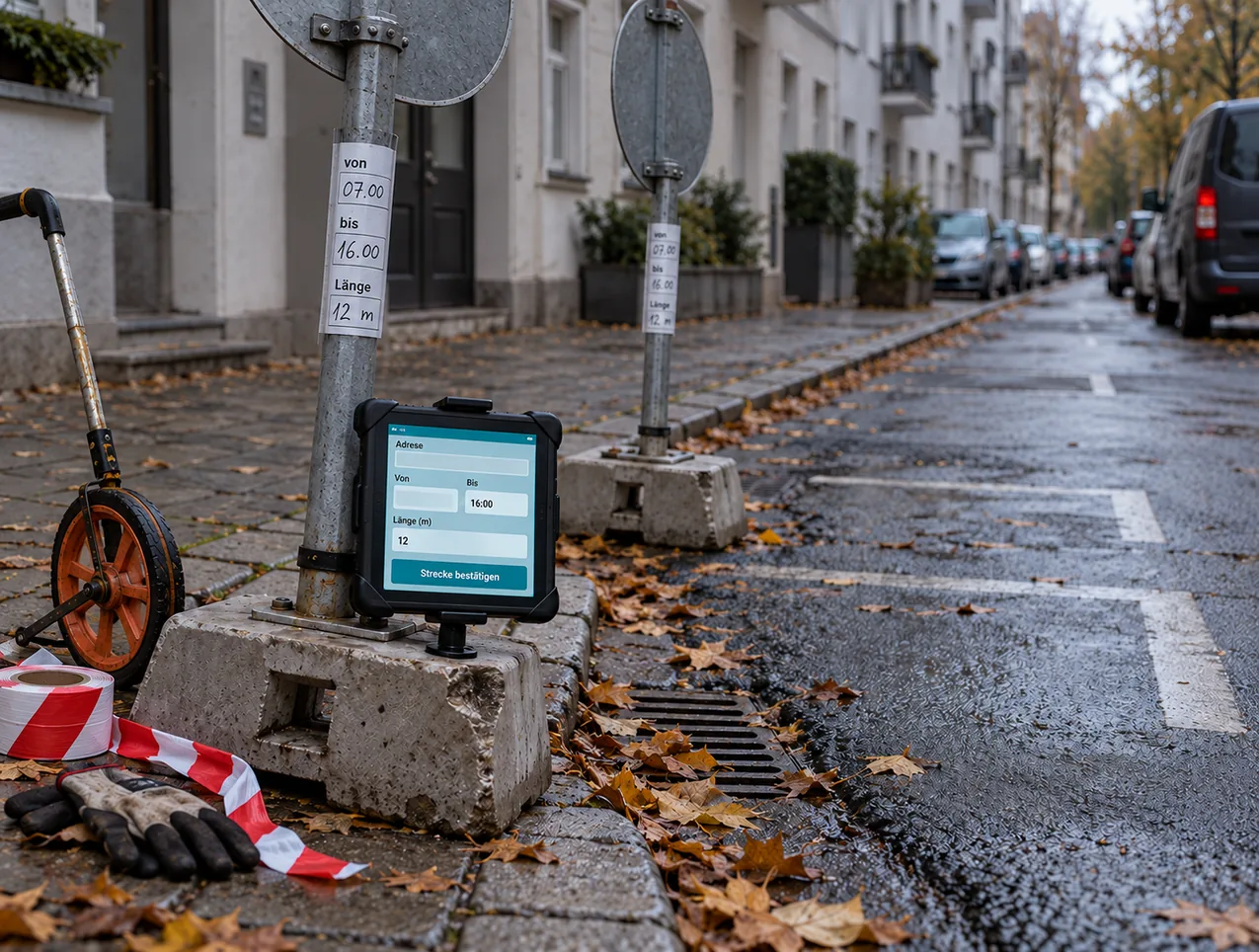 Bordstein vor einem Mehrfamilienhaus an einem nassen Herbstmorgen: Zwei mobile Halteverbotsschilder stehen von hinten gesehen in Betonfüßen am Rinnstein, an den Pfosten Zettel mit von 07.00 bis 16.00 und Länge 12 m, am vorderen Schilderfuß steckt in einer Halterung ein Tablet in Schutzhülle mit den Feldern Adresse, Von, Bis 16:00 und Länge 12 Meter und der Schaltfläche Strecke bestätigen, daneben ein Messrad mit orangefarbenem Rad, eine Rolle rot-weißes Absperrband und ein Paar Arbeitshandschuhe, auf der Fahrbahn der freigehaltene Streifen mit verblasster Parkmarkierung, Laub in der Rinne und ein Gullyrost, im Hintergrund unscharf Hausfassaden und parkende Autos