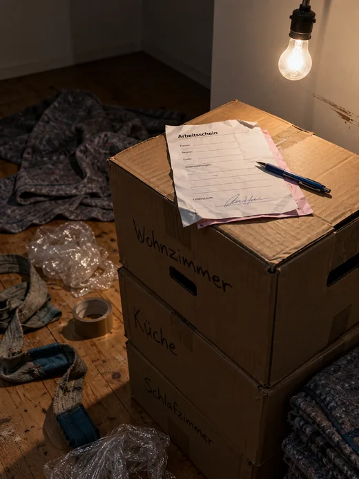 Zimmerecke der neuen Wohnung am späten Abend unter einer nackten Glühbirne: Auf einem Stapel aus drei mit Filzstift beschrifteten Umzugskartons Wohnzimmer, Küche und Schlafzimmer liegt ein zerknitterter Arbeitsschein als Durchschreibesatz, weiß über rosa, die Zeilen Datum, Beginn, Ende und Zusatzleistungen leer, in einer nur ein Strich, unten im Feld Unterschrift ein Namenszug, quer darüber ein Kugelschreiber, auf dem Dielenboden ringsum Möbeldecken, Reste von Luftpolsterfolie, eine Rolle Klebeband und ein ausgefranster Tragegurt, an der Wand ein frischer Schrammstrich