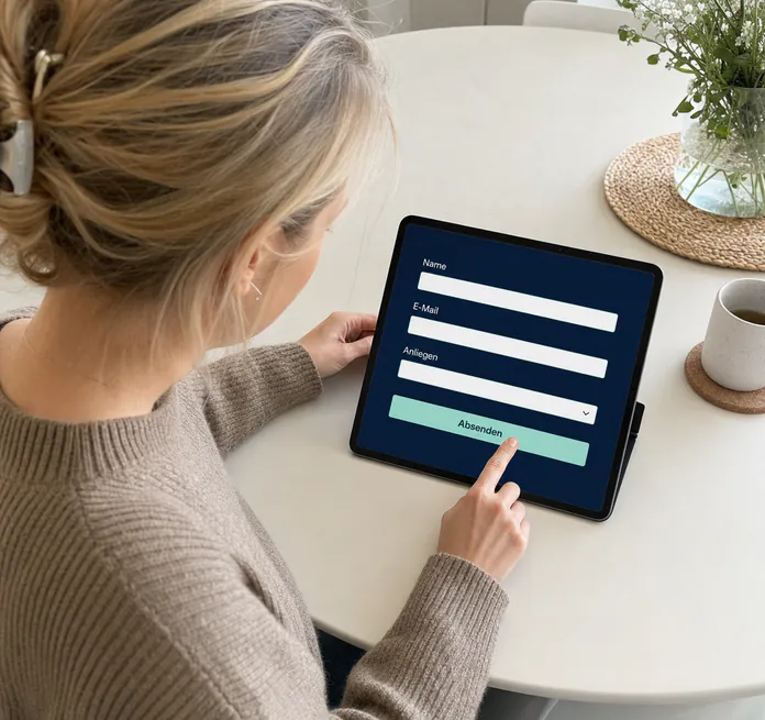 Frau füllt am Tablet ein Anfrageformular aus